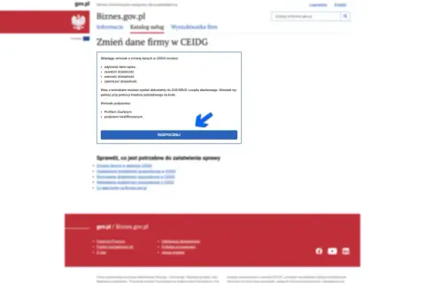 Zmień dane firmy w CEIDG. Wniosek o zmianę danych firmy, zawieszenie, wznowienie lub zakończenie działalności. Podpisz profilem zaufanym lub kwalifikowanym. Rozpocznij.