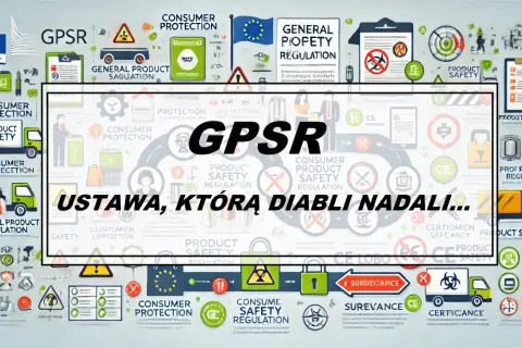 Grafika przedstawia zasady GPSR, czyli ogólne rozporządzenie o ochronie danych. W centrum znajduje się napis "GPSR" i "USTAWA, KTÓRĄ DIABLI NADALI...".