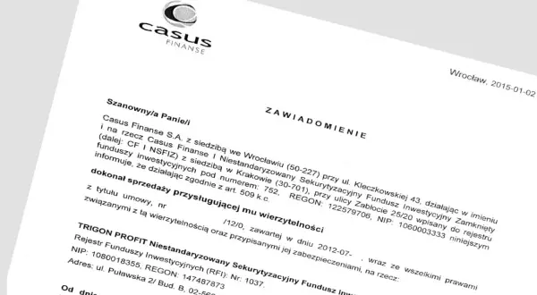 Zawiadomienie o sprzedaży wierzytelności. Potwierdza, czy komornik może sprzedać dług firmie windykacyjnej, w tym przypadku Trigon Profit.