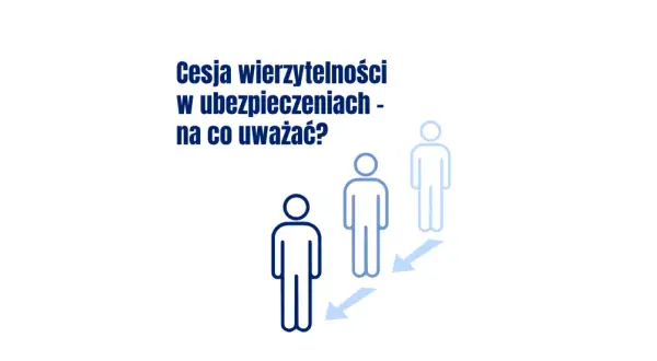 Cesja wierzytelności w ubezpieczeniach – na co uważać? Grafika przedstawia trzy sylwetki ludzi i strzałki wskazujące na proces cesji.