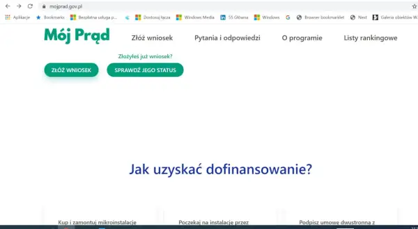 Strona "Mój Prąd" - tu złożysz wniosek o dofinansowanie do fotowoltaiki. Kliknij "Złóż wniosek" lub sprawdź status.
