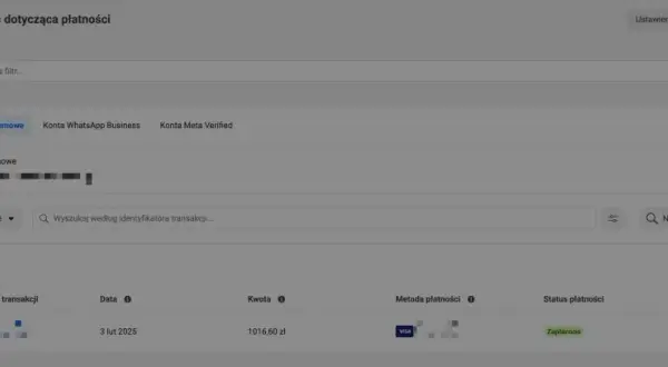 Widok panelu Meta, gdzie można zobaczyć aktywność płatności i jak pobrać fakturę z Facebooka.