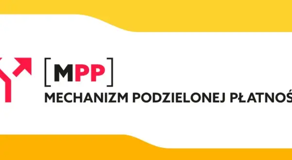 Logo z czerwonymi strzałkami i napisem [MPP] MECHANIZM PODZIELONEJ PŁATNOŚCI. Dowiedz się, od jakiej kwoty obowiązuje.