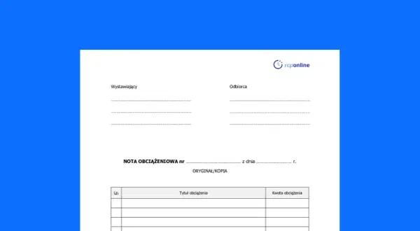 Formularz nota obciążeniowa z polami do wypełnienia dla wystawcy i odbiorcy, z miejscem na tytuł i kwotę obciążenia.