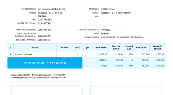 Faktura imienna z danymi sprzedawcy i nabywcy, szczegółami sprzedaży zabawek, kwotą do zapłaty 1 377,60 PLN.