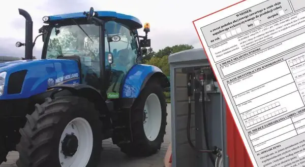Niebieski traktor obok dystrybutora paliwa i formularza wniosku o zwrot podatku akcyzowego. Jakie dane do faktury na paliwo rolnicze są potrzebne?
