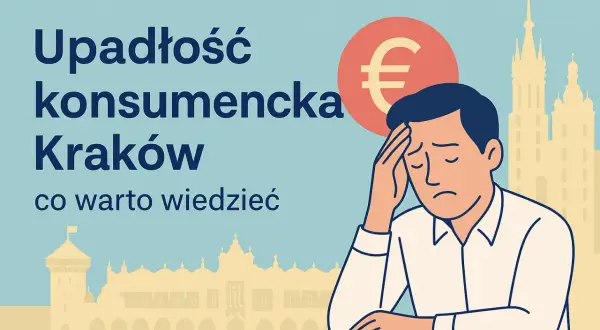 Zmartwiony mężczyzna z symbolem euro nad głową, na tle krakowskich zabytków. Upadłość konsumencka Kraków: co daje?