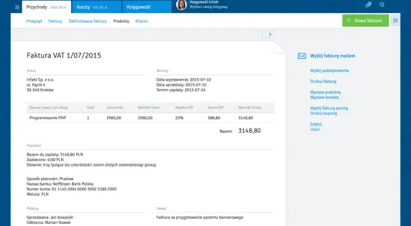 Faktura VAT z 2015 roku. Czy można zaksięgować fakturę z poprzedniego roku? System inFakt pokazuje szczegóły faktury.