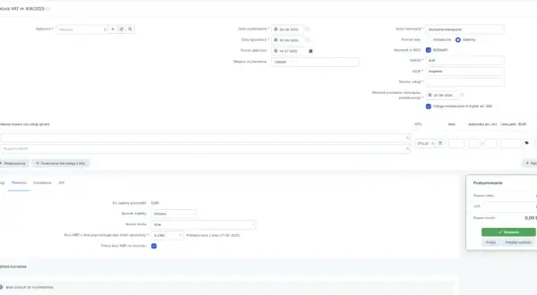Formularz faktury VAT dla eksportu usług poza UE. Wpisano dane nabywcy, daty, walutę EUR i język angielski.