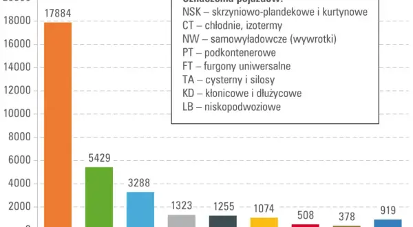 Wykres słupkowy pokazuje liczbę pojazdów GTU według typów: NSK (17884), CT (5429), NW (3288) i inne.
