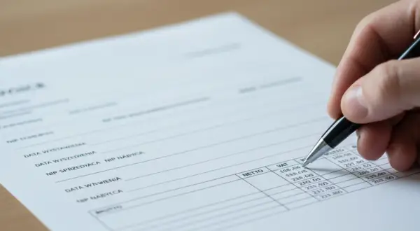 Dłoń z długopisem wypełniająca formularz faktury VAT.