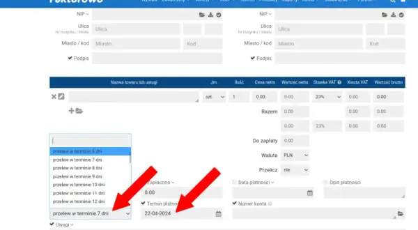 Wybieranie jaki termin płatności na fakturze, np. przelew w terminie 7 dni, w systemie Fakturowo.