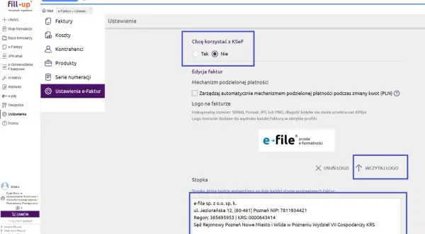 Ustawienia e-Faktur: wybór KSeF, edycja faktur, logo i stopka. Możliwość zarządzania rachunkami i ich wyglądem.