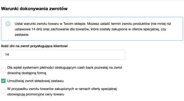 Ustaw termin zwrotu towaru na 14 dni. To ile czasu na rozpatrzenie reklamacji jest kluczowe dla klienta.