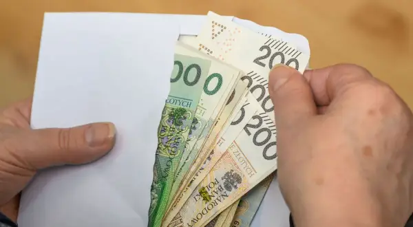 Dłonie wyciągają z koperty polskie banknoty. To może być pomoc z ZUS, np. renta rodzinna po mężu.