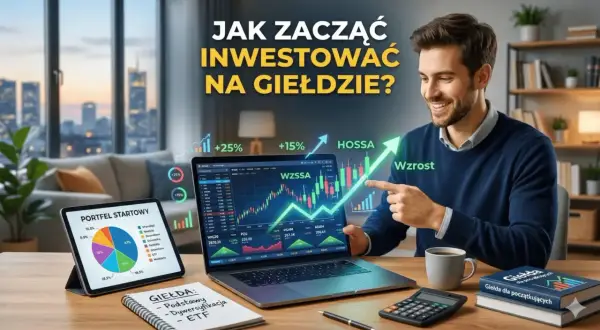 Mężczyzna uśmiecha się, wskazując na wykresy na laptopie i tablecie, symbolizujące jak nauczyć się inwestować na giełdzie.
