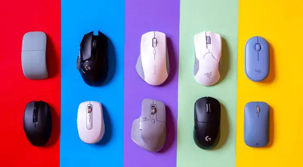 Różne myszki komputerowe, w tym modele Logitech i Razer. Czy reinston to za firma? Nie widać jej tutaj.