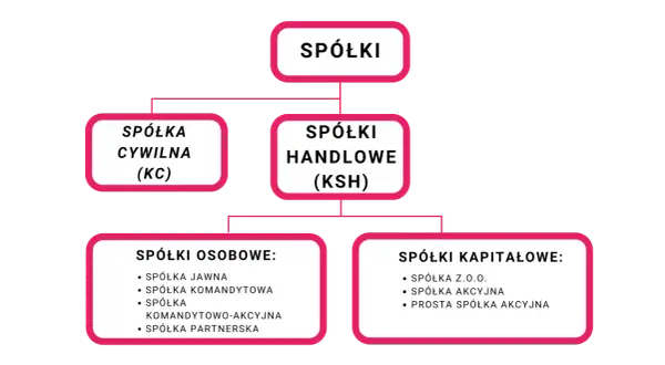 Schemat podziału spółek, w tym spółki kapitałowe: z o.o., akcyjna, prosta spółka akcyjna.