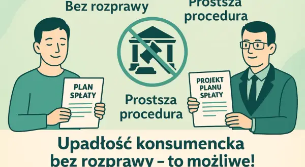 Upadłość konsumencka bez rozprawy to prostsza procedura. Dwóch mężczyzn prezentuje plany spłaty, symbolizując łatwiejsze rozwiązanie problemów finansowych.