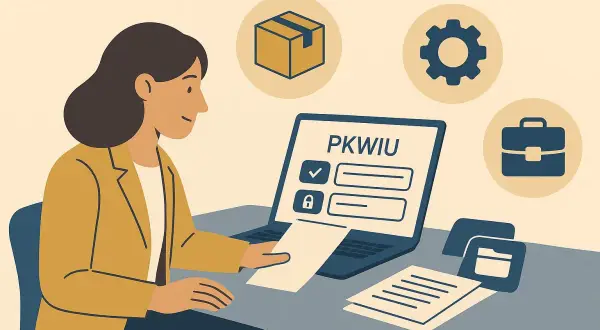 Kobieta przy laptopie z napisem PKWIU. Rozważa sprzedaż samochodu firmowego: faktura czy umowa? Ikony: paczka, koło zębate, teczka.