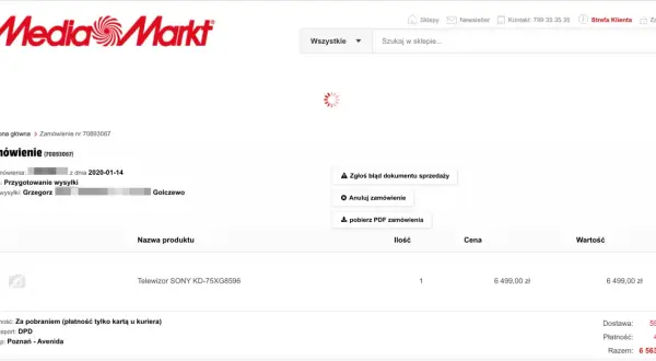 Szczegóły zamówienia w Media Markt, numer faktury 70893067. Widoczny telewizor SONY KD-75XG8596.