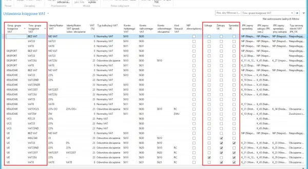 Ustawienia księgowe VAT: lista grup towarowych, identyfikatorów, typów kalkulacji VAT, kont i kodów. Widać tu m.in. VAT23, VAT23ND, VAT23ST, VAT23U, VAT8, VAT25, VATOO23, VATZW, PZC23, MIX2348.