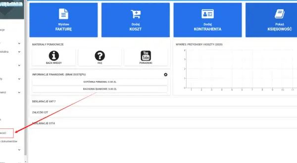 Interfejs programu księgowego. W menu po lewej widać opcję "Księgowość". Czy Ryanair wystawia faktury? Sprawdź w systemie!