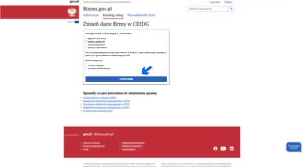 Zmień dane firmy w CEIDG. Wniosek o zmianę danych firmy, zawieszenie, wznowienie lub zakończenie działalności. Podpisz profilem zaufanym lub kwalifikowanym. Rozpocznij.