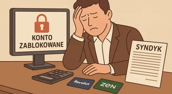 Zablokowane konto i dokument "SYNDYK" na biurku. Osoba po ogłoszeniu upadłości musi zmierzyć się z nowymi obowiązkami.