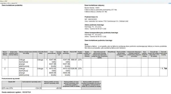 Faktura KOR z usługami dystrybucji energii elektrycznej, zawiera dane nabywcy, podmiotu trzeciego PGE Dystrybucja S.A. Oddział Łódź oraz podsumowanie stawek VAT. Jest to przykład refaktury.