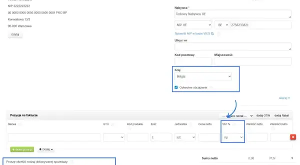 Faktura z zaznaczonym polem "Odwrotne obciążenie" dla transakcji z Belgią.
