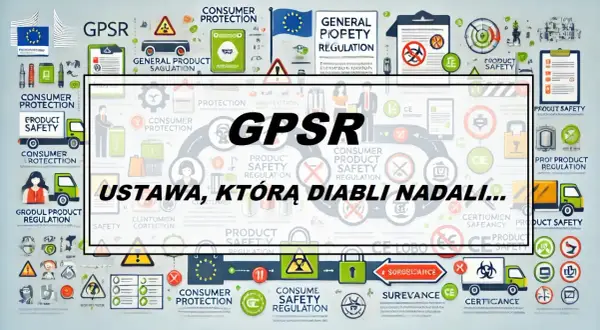 Grafika przedstawia zasady GPSR, czyli ogólne rozporządzenie o ochronie danych. W centrum znajduje się napis "GPSR" i "USTAWA, KTÓRĄ DIABLI NADALI...".