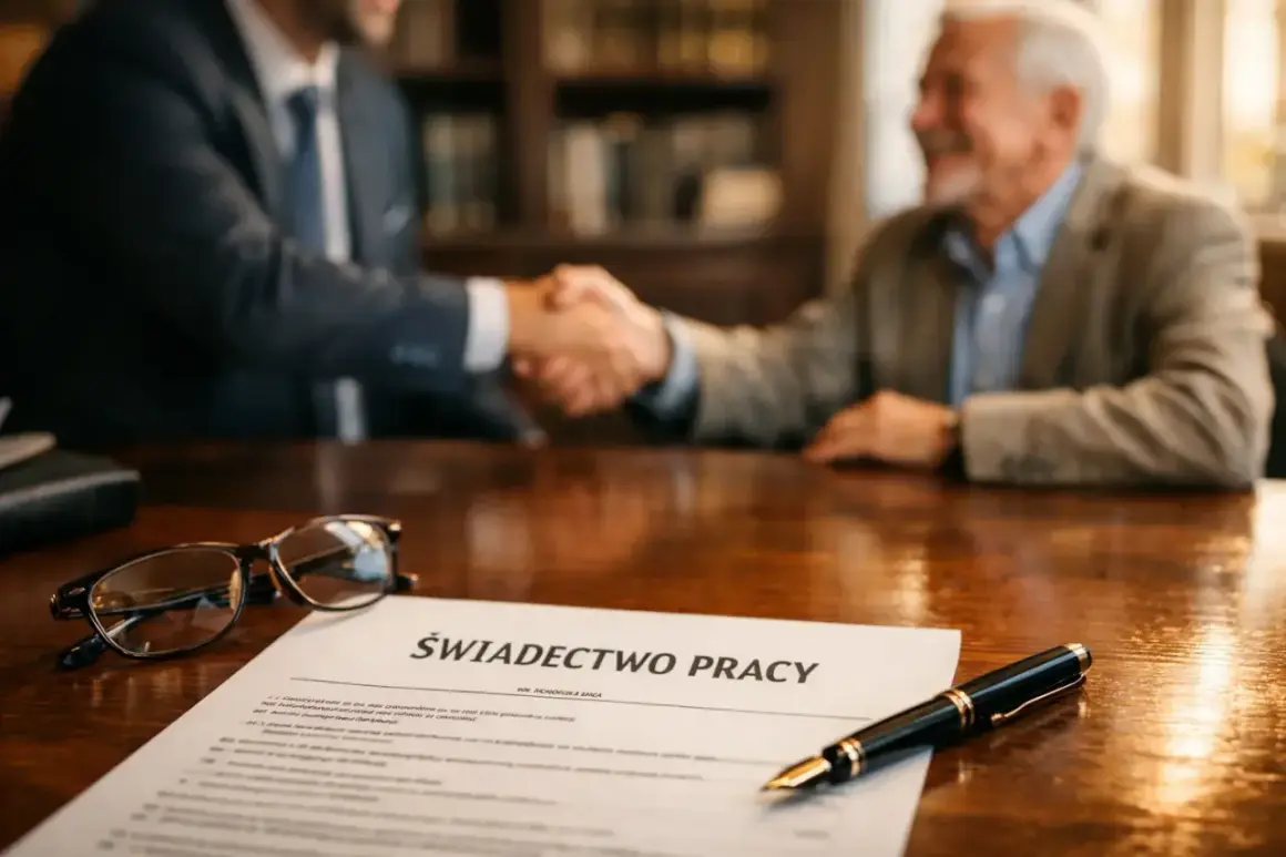 Uścisk dłoni po formalnościach. Na stole świadectwo pracy i okulary, symbol zakończenia kariery i odprawy emerytalnej.