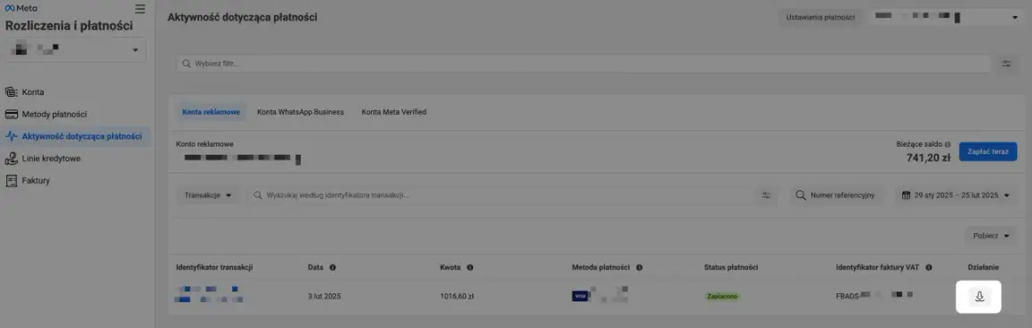 Widok panelu Meta, gdzie można zobaczyć aktywność płatności i jak pobrać fakturę z Facebooka.