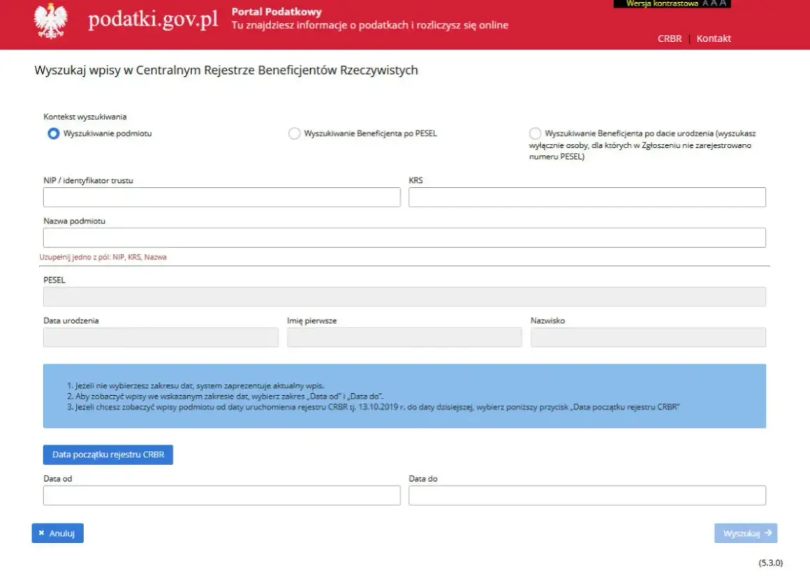 Formularz wyszukiwania beneficjenta rzeczywistego w CRBR. Można szukać po podmiocie, PESEL lub dacie urodzenia.