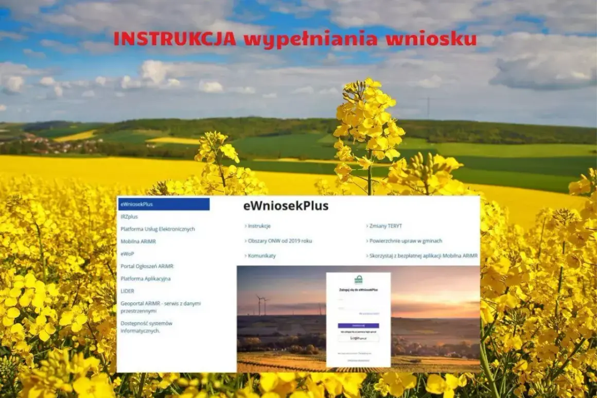 Instrukcja wypełniania wniosku eWniosekPlus. Widok ekranu z opcjami, w tym płatności bezpośrednie, na tle kwitnącego rzepaku.
