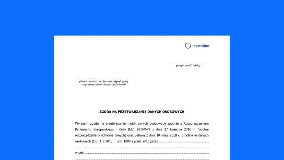 Formularz zgody na przetwarzanie danych osobowych. Podpisujesz dokument, który reguluje Twoje dane.