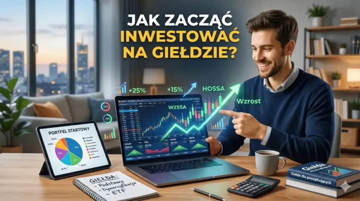 Mężczyzna uśmiecha się, wskazując na wykresy na laptopie i tablecie, symbolizujące jak nauczyć się inwestować na giełdzie.