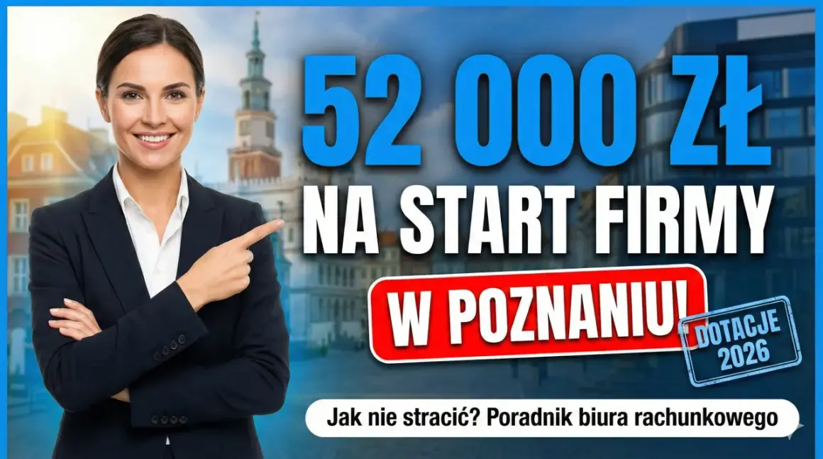 Kobieta w garniturze wskazuje na napis "52 000 zł na start firmy w Poznaniu". Czy mam komornika czy dostanę dofinansowanie z UP?