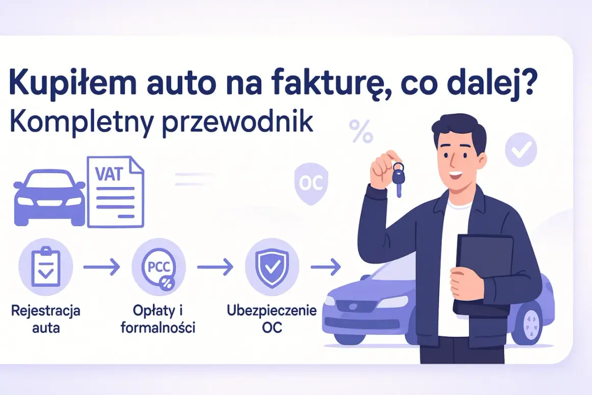 Kupiłem auto na fakturę, co dalej? Przewodnik: rejestracja, opłaty PCC, ubezpieczenie OC. Mężczyzna z kluczykami i dokumentami.