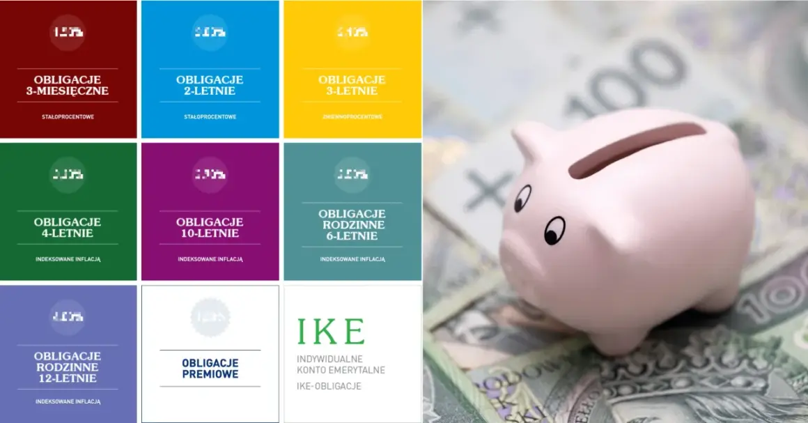 Różnokolorowe kafelki z nazwami obligacji i skarbonka na banknotach.