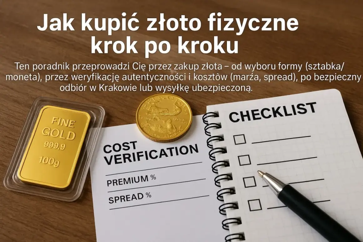 Złota sztabka i moneta na tle poradnika "Jak kupić złoto fizyczne". Dowiedz się, gdzie kupić złoto inwestycyjne, jak zweryfikować autentyczność i koszty.
