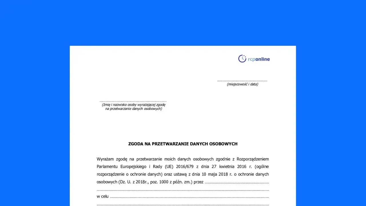 Formularz zgody na przetwarzanie danych osobowych. Podpisujesz dokument, który reguluje Twoje dane.
