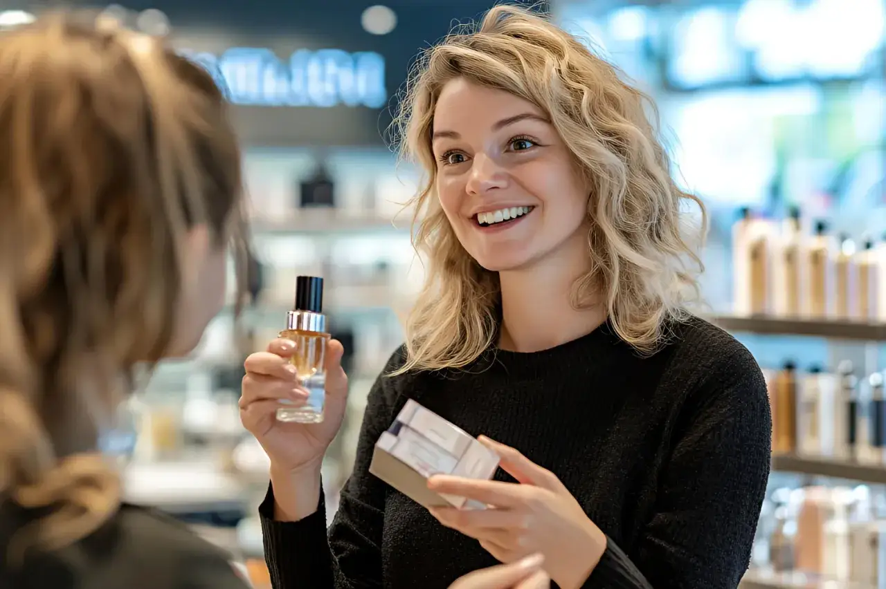 Uśmiechnięta konsultantka w drogerii prezentuje perfumy. Idealna praca dla osób, które chcą pracować w firmach, w których można zostać konsultantem.