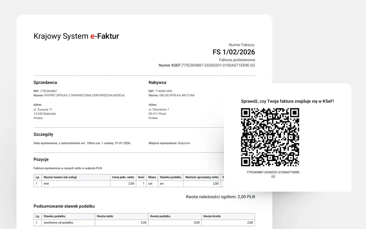 Krajowy System e-Faktur: przykładowa faktura, jak to działa. QR kod potwierdza jej autentyczność.