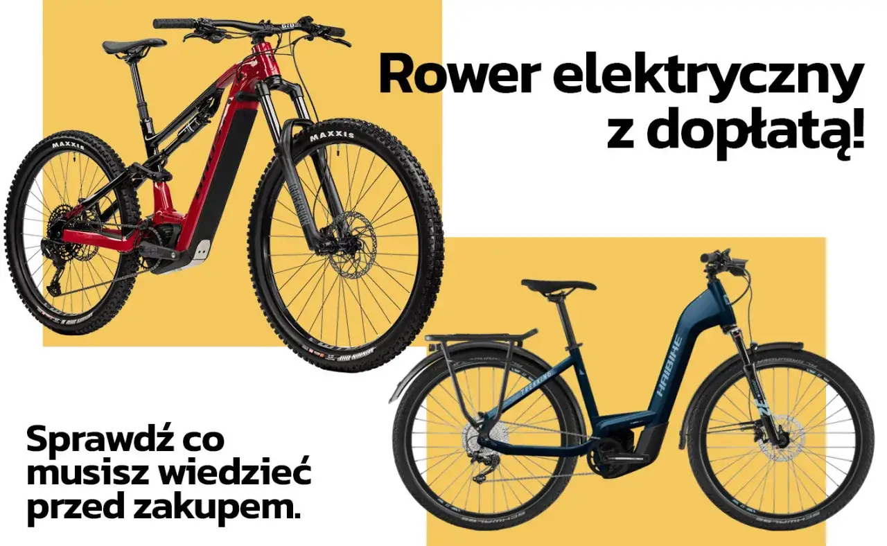 Dwa rowery elektryczne, jeden czerwony górski, drugi niebieski miejski. Sprawdź, dla kogo jest dofinansowanie do roweru elektrycznego.