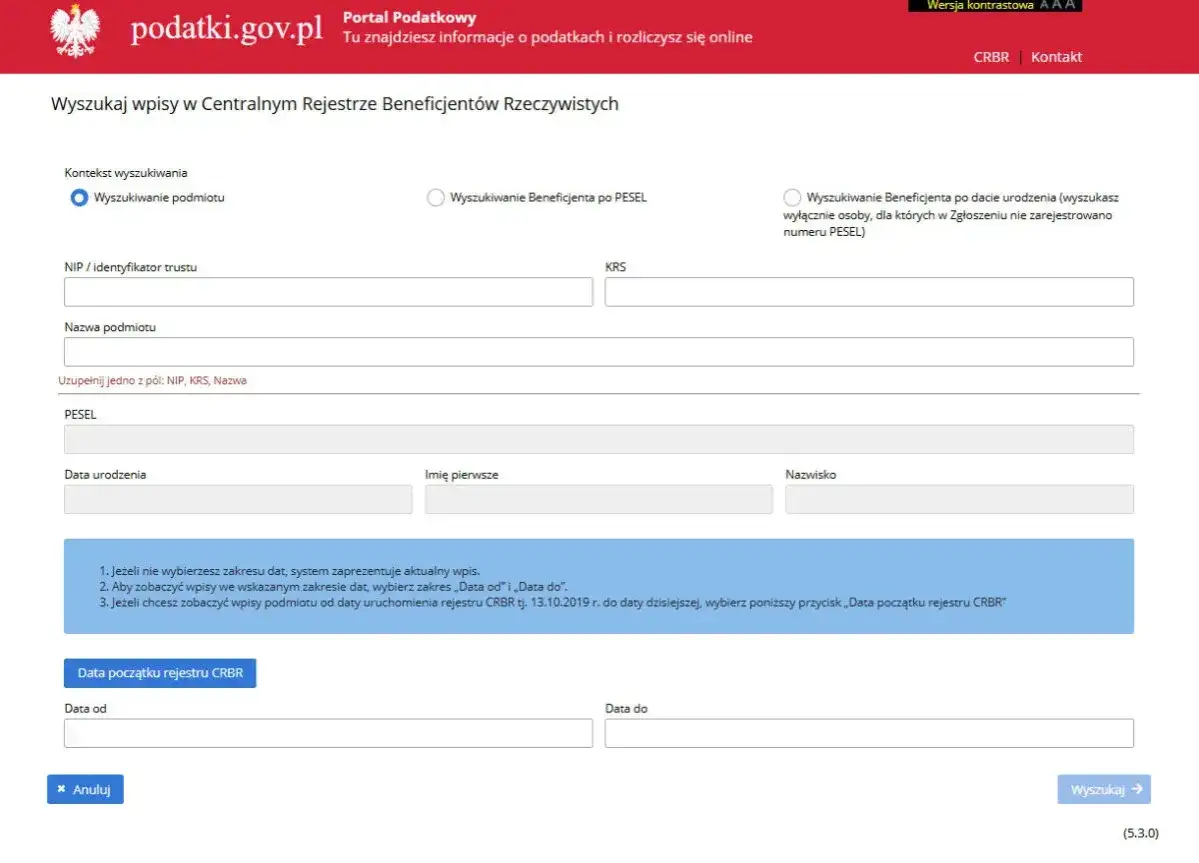 Formularz wyszukiwania beneficjenta rzeczywistego w CRBR. Można szukać po NIP, KRS, nazwie podmiotu, PESEL lub dacie urodzenia.