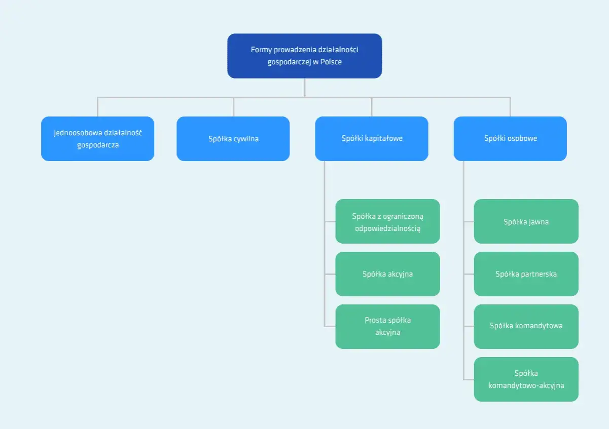 Schemat form prowadzenia działalności gospodarczej w Polsce. Pomaga wybrać, jaką spółkę wybrać: jednoosobową, cywilną, kapitałową czy osobową.