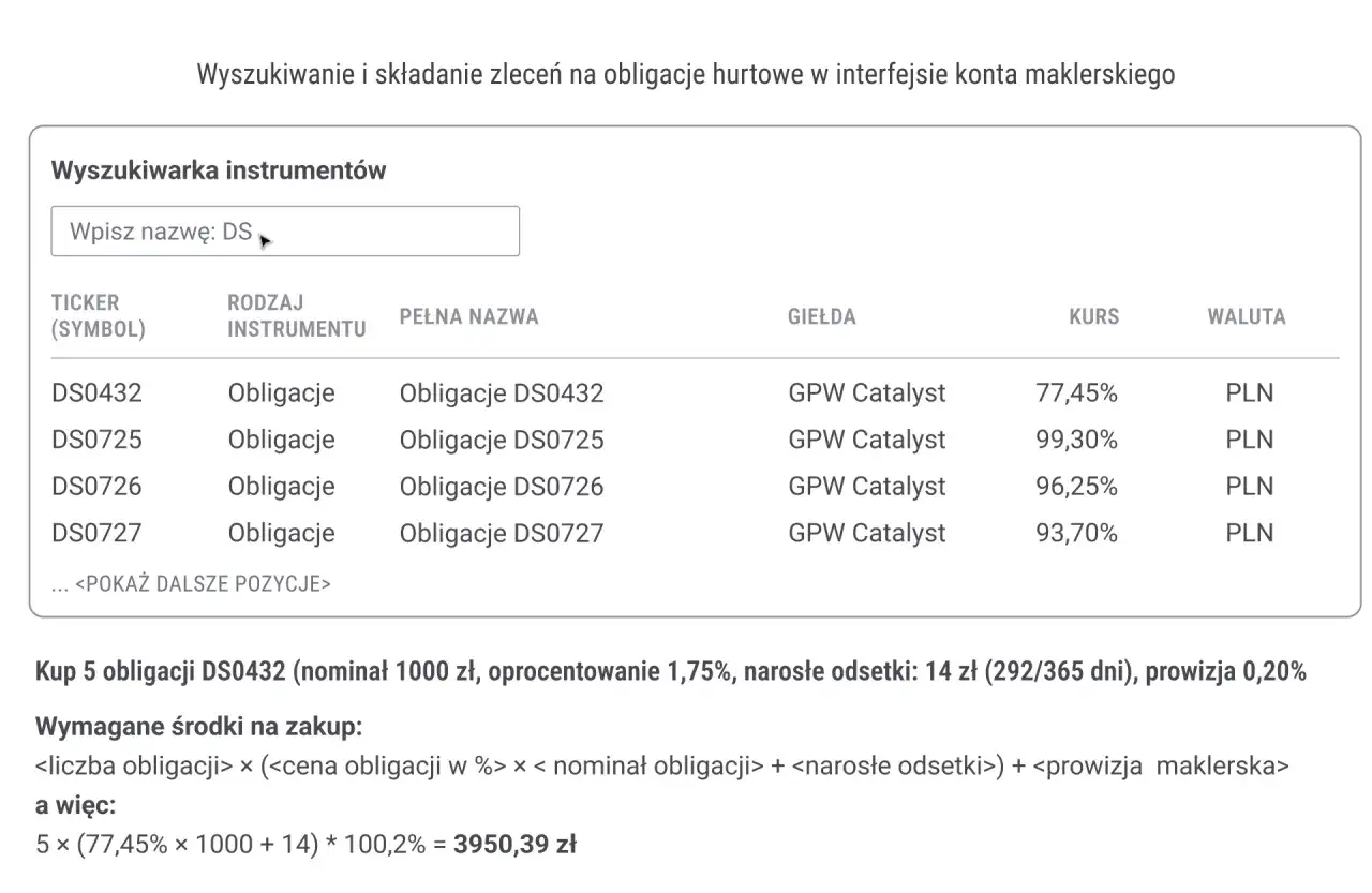 Interfejs maklerski pokazuje wyszukiwarkę obligacji, gdzie można znaleźć papiery wartościowe, takie jak DS0432, DS0725, DS0726, DS0727.