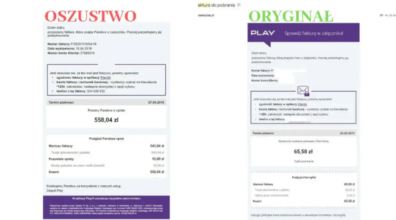 Porównanie fałszywej i oryginalnej faktury Play. Dowiedz się, jak sprawdzić fakturę w Play, by uniknąć oszustwa.